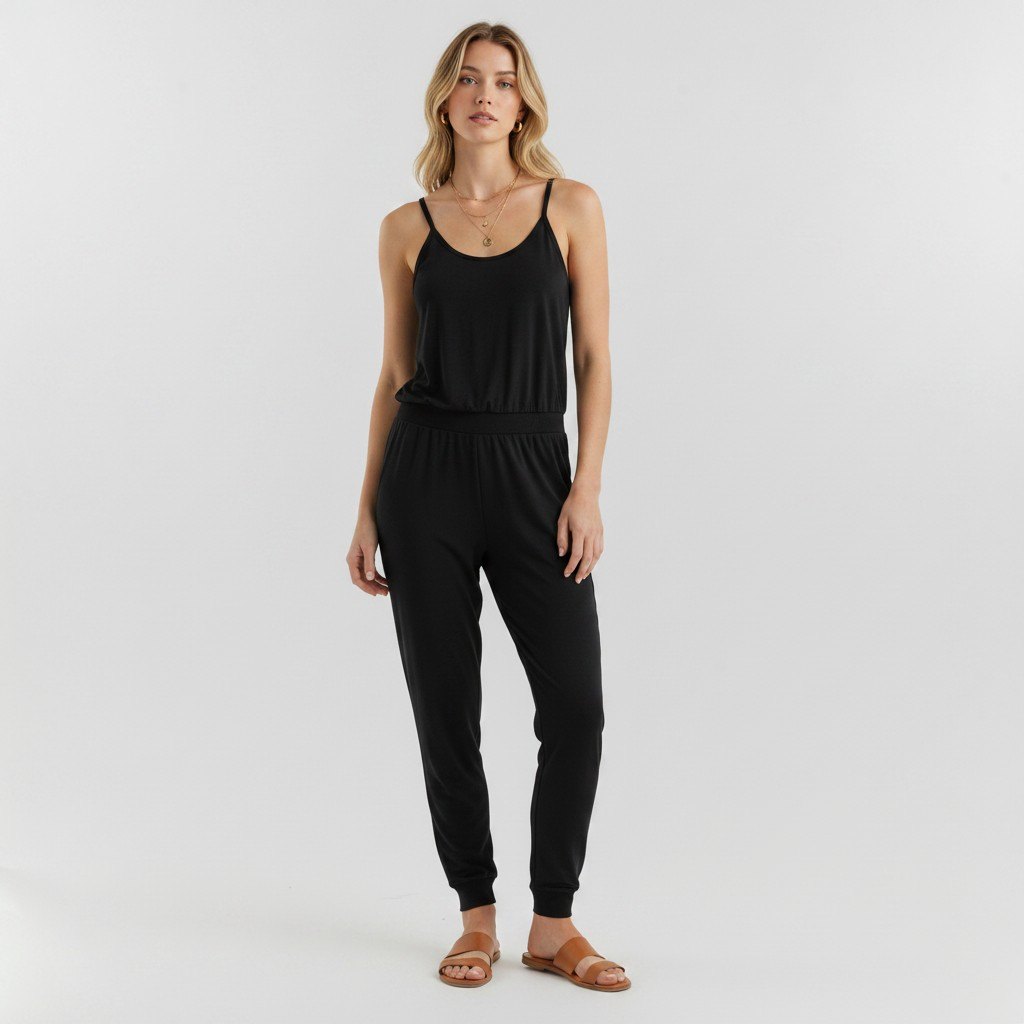 Model wearing a black Sweaty Betty strappy jumpsuit with spaghetti straps and jogger cuffs from Lynn's Closet Boutique
