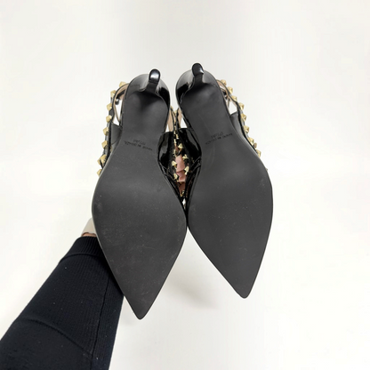 Lynn's Closet Boutique FS/NY black patent studded heels showing the pointed-toe soles and gold pyramid stud details