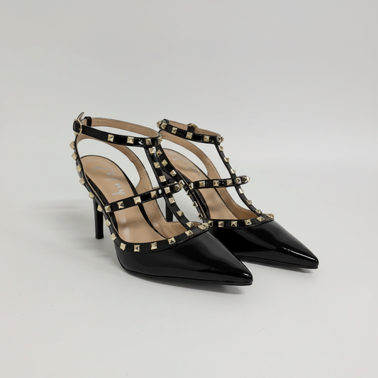 Lynn's Closet Boutique black patent pointed-toe heels with gold pyramid studs and multi-strap cage design.