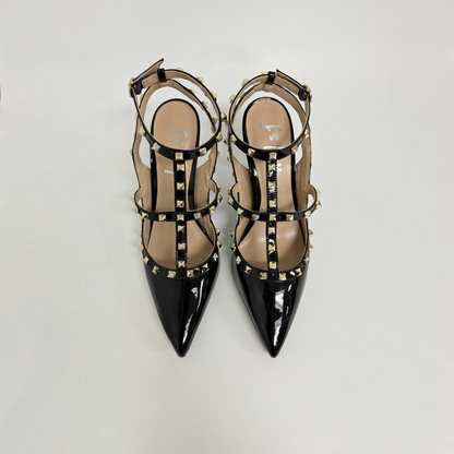 Lynn's Closet Boutique FS/NY black patent pointed-toe heels with gold pyramid studs and cage strap design