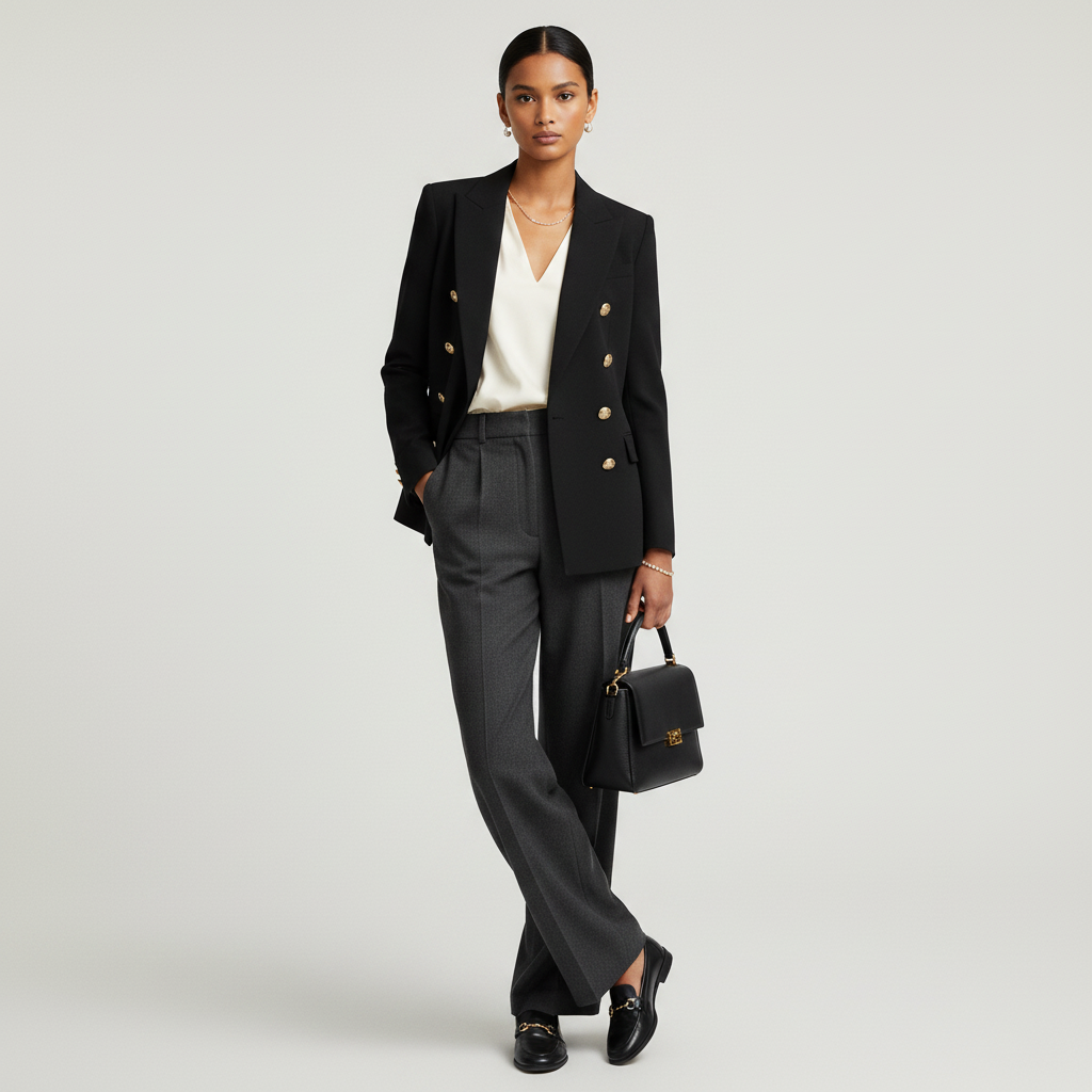 Lynn's Closet Boutique Banana Republic black wool double-breasted blazer with gold buttons worn by a model