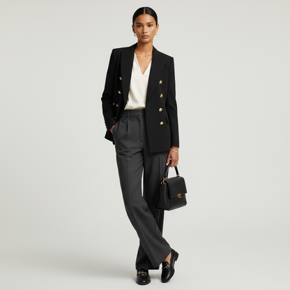 Lynn's Closet Boutique Banana Republic black wool double-breasted blazer with gold buttons worn by a model
