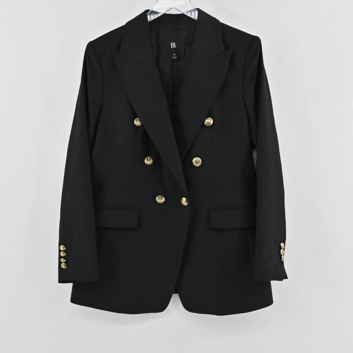 Lynn's Closet Boutique Banana Republic black wool double-breasted blazer with gold-toned buttons on a hanger.