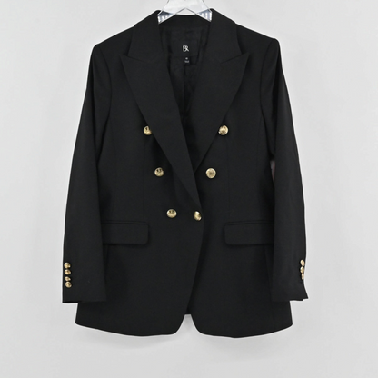 Lynn's Closet Boutique Banana Republic black wool double-breasted blazer with gold-toned buttons on a hanger.