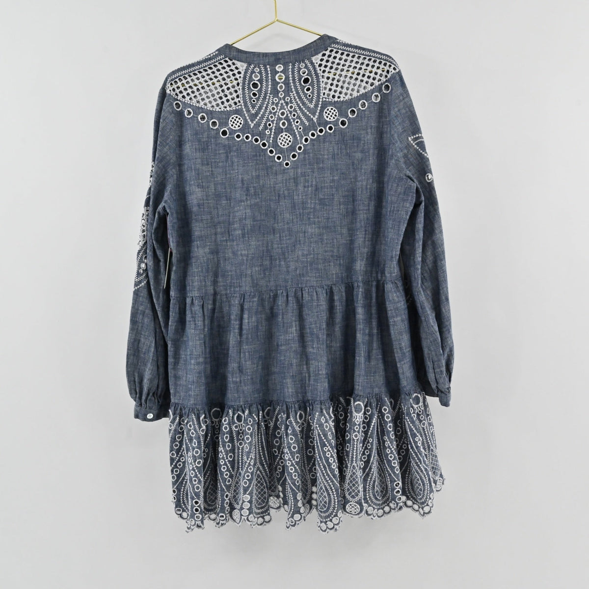Lynn's Closet Boutique Veronica Beard blue chambray dress with white eyelet embroidery on yoke and tiered hem