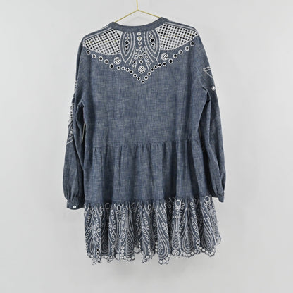 Lynn's Closet Boutique Veronica Beard blue chambray dress with white eyelet embroidery on yoke and tiered hem