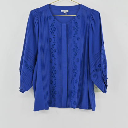 Lynn's Closet Boutique blue Tyler Boe eyelet blouse with vertical pleating and three-quarter length sleeves