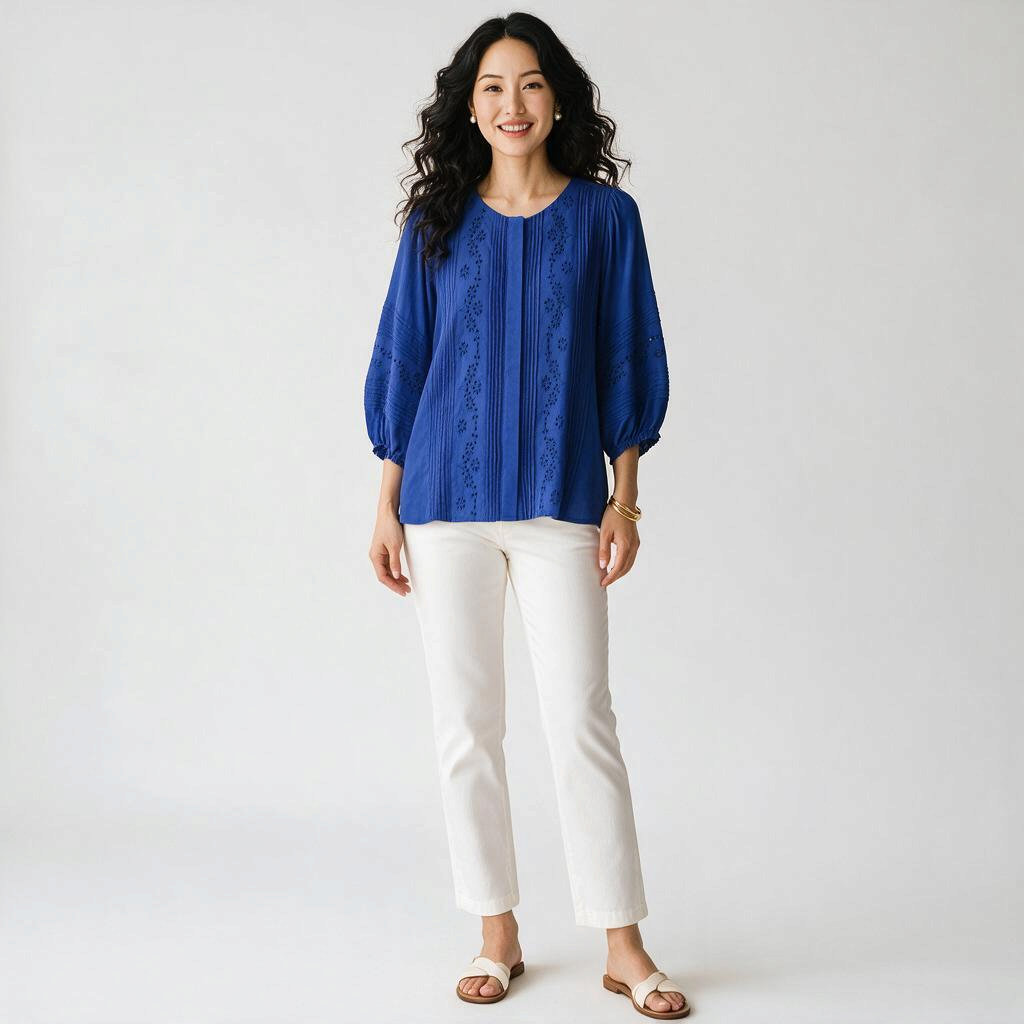 Model wearing a Lynn's Closet Boutique Tyler Boe blue eyelet blouse with pleated details and three-quarter sleeves.