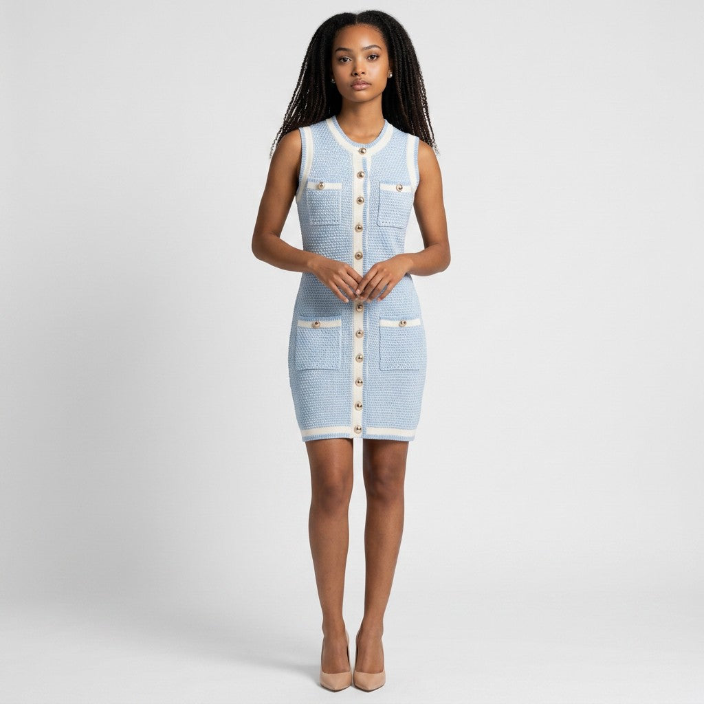 Model wearing a Lynn's Closet Boutique baby blue textured knit sleeveless dress with cream trim and gold buttons