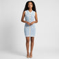 Model wearing a Lynn's Closet Boutique baby blue textured knit sleeveless dress with cream trim and gold buttons