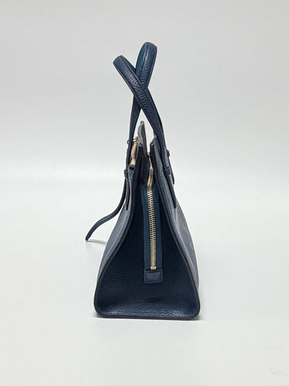 Lynn's Closet Boutique Salvatore Ferragamo Amy small blue pebbled leather tote bag, side view with gold zipper detail.