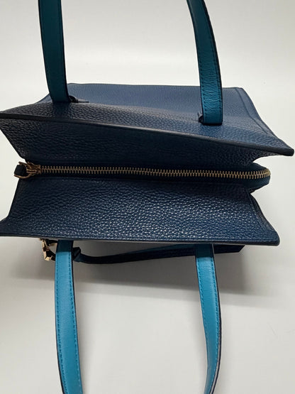 Lynn's Closet Boutique Salvatore Ferragamo Amy small blue pebbled leather tote bag top view with gold zipper