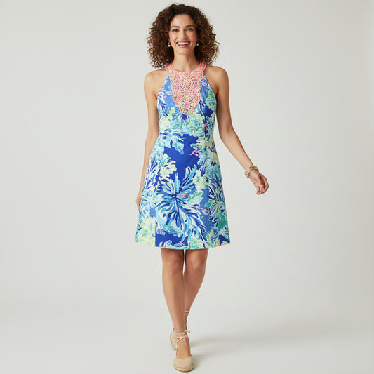 Lynn's Closet Boutique blue shift dress with pink and yellow crochet neckline, size 12.