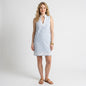 Model wearing a Lynn's Closet Boutique blue and white striped sleeveless dress with lace trim detail