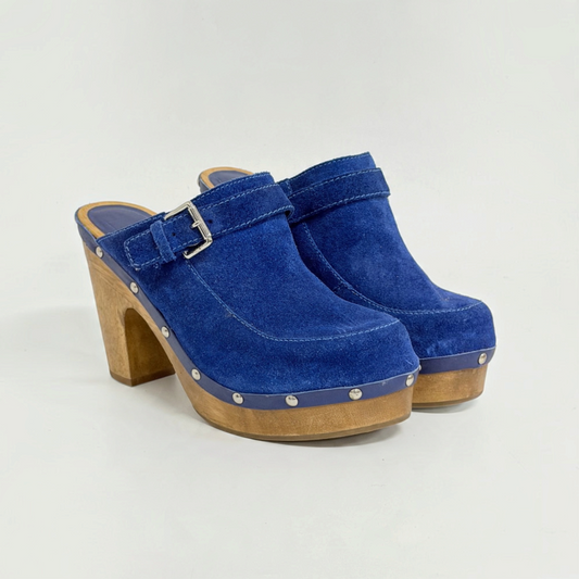 Lynn's Closet Boutique blue suede platform clogs with wooden heels, silver studs, and adjustable buckle strap.