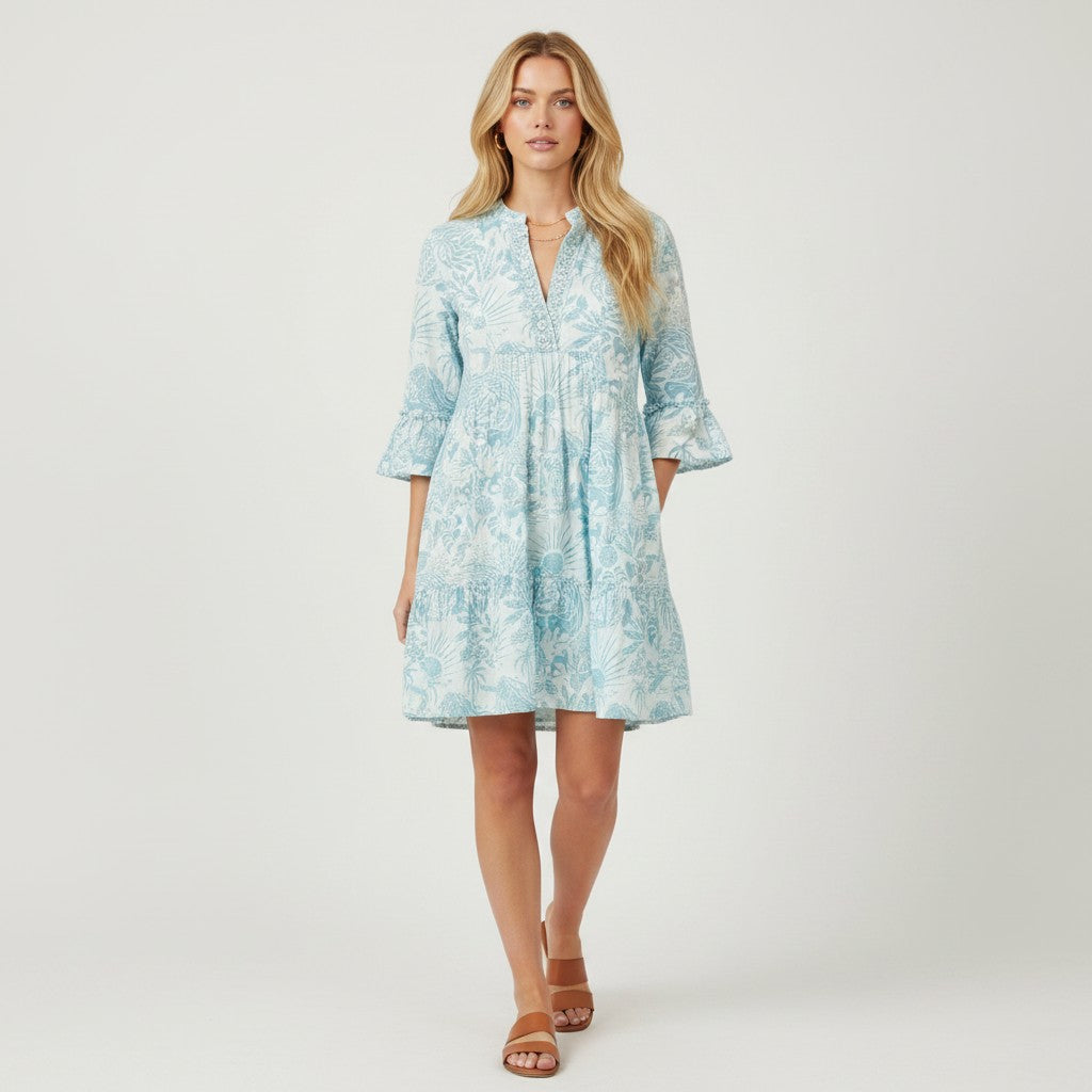 Lynn's Closet Boutique light blue tiered midi dress with a tropical print and ruffled sleeves. Size L.