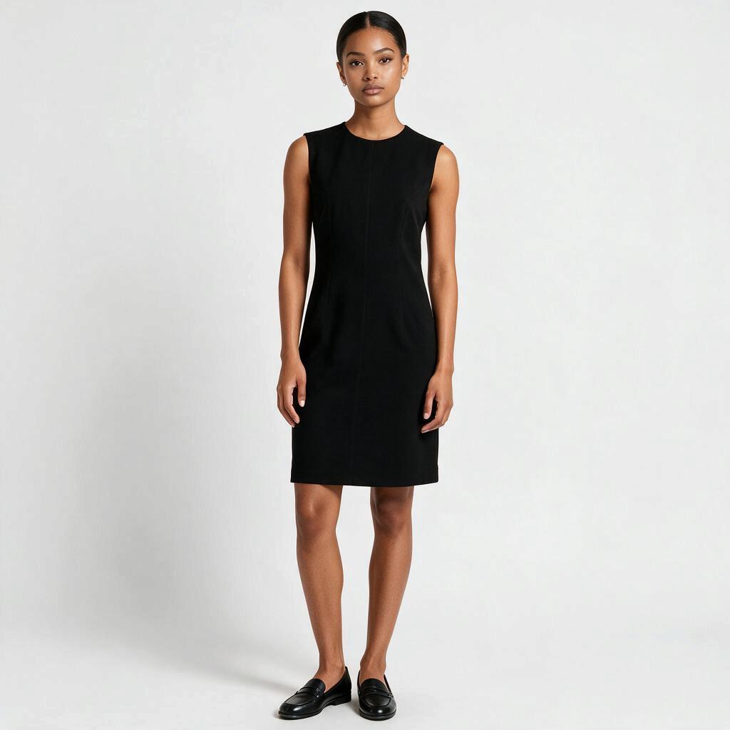 Lynn's Closet Boutique Brooks Brothers black sleeveless sheath dress with a crew neckline on a model