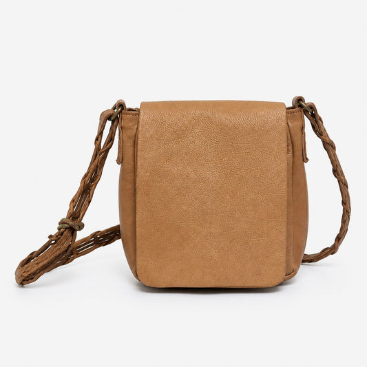 Lynn's Closet Boutique Latico Leathers brown leather crossbody bag with a braided strap and flap closure.