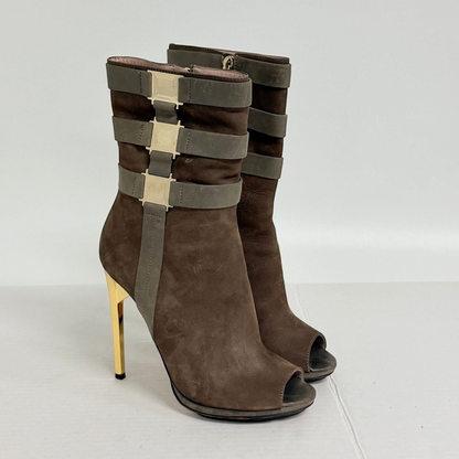 Lynn's Closet Boutique brown suede Herve Leger peep-toe boots with metallic gold stiletto heels and strap detailing.