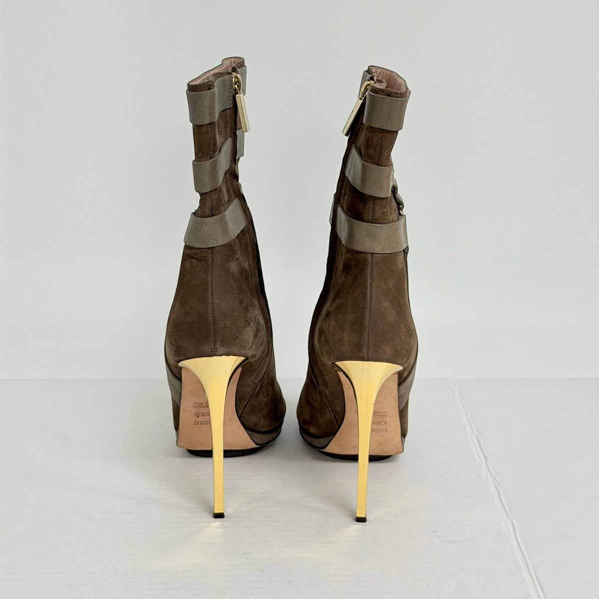 Lynn's Closet Boutique brown suede Herve Leger peep-toe boots with metallic gold stiletto heels and strap detailing