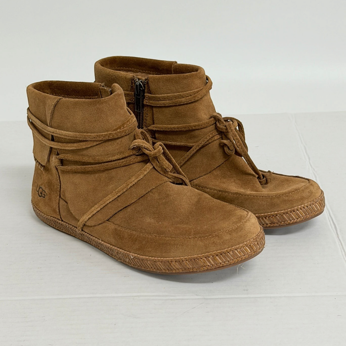 Lynn's Closet Boutique brown suede UGG moccasin ankle boots with wrap-around lace detail and side zipper closure.