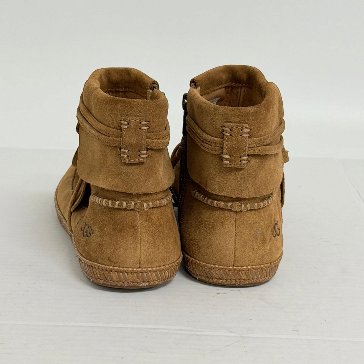 Lynn's Closet Boutique brown suede UGG moccasin boots featuring wrap-around lace detail and back heel branding