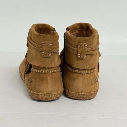 Lynn's Closet Boutique brown suede UGG moccasin boots featuring wrap-around lace detail and back heel branding