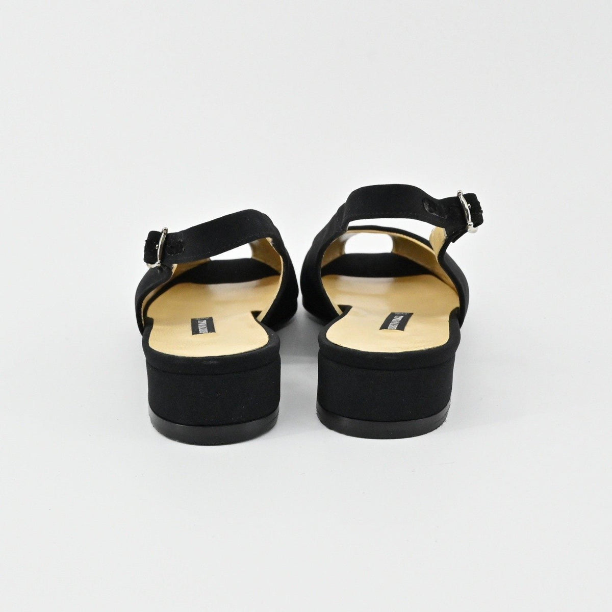 Lynn's Closet Boutique Bruno Magli black leather slingback flats with low heels and adjustable straps, back view