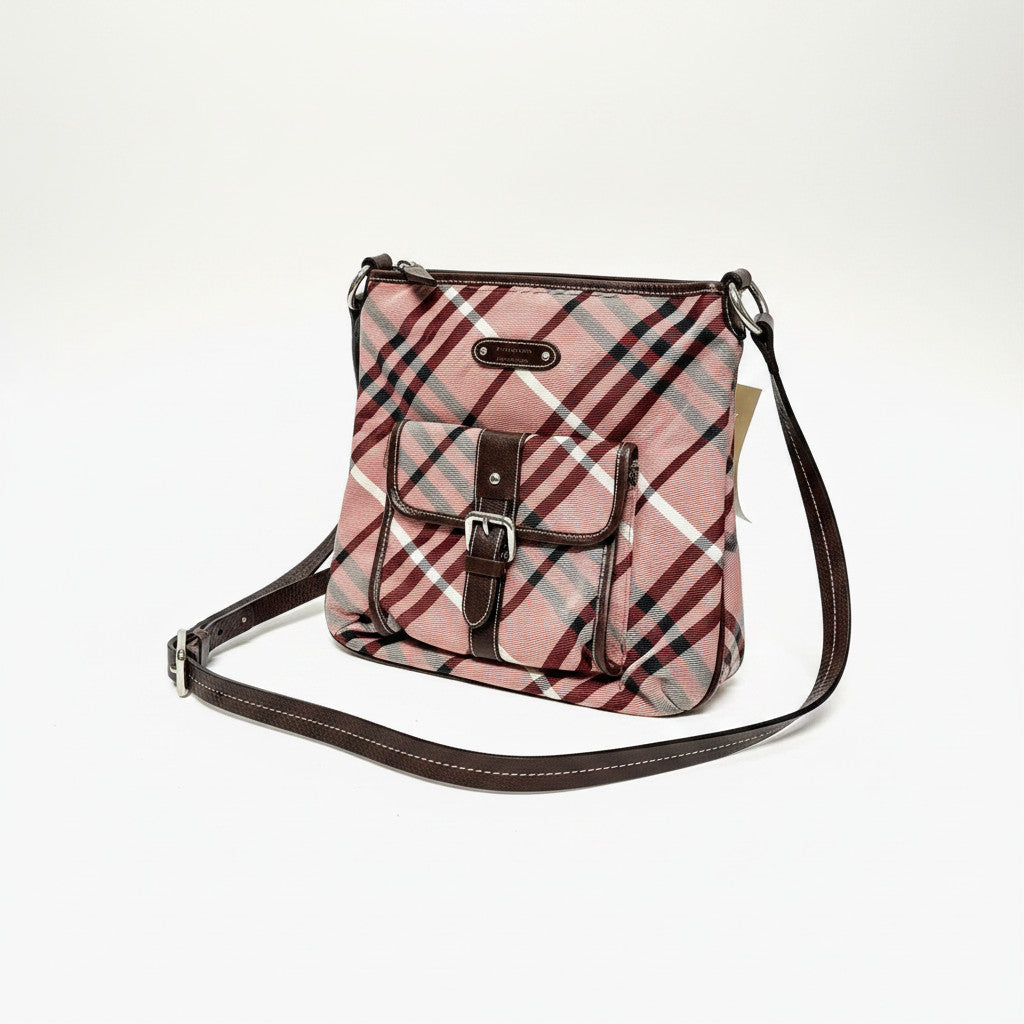 Lynn's Closet Boutique Burberry pink house check canvas crossbody bag with brown leather trim and front buckle pocket.