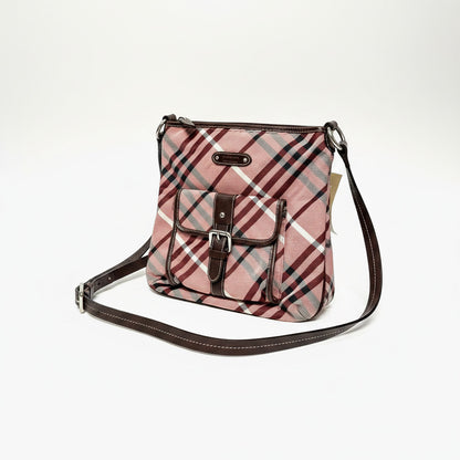 Lynn's Closet Boutique Burberry pink house check canvas crossbody bag with brown leather trim and front buckle pocket.