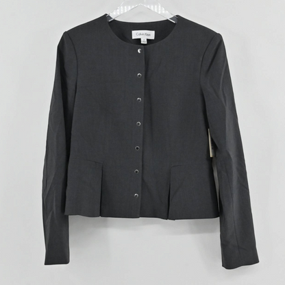 Lynn's Closet Boutique Calvin Klein charcoal gray collarless button-front jacket with pleated hem detail
