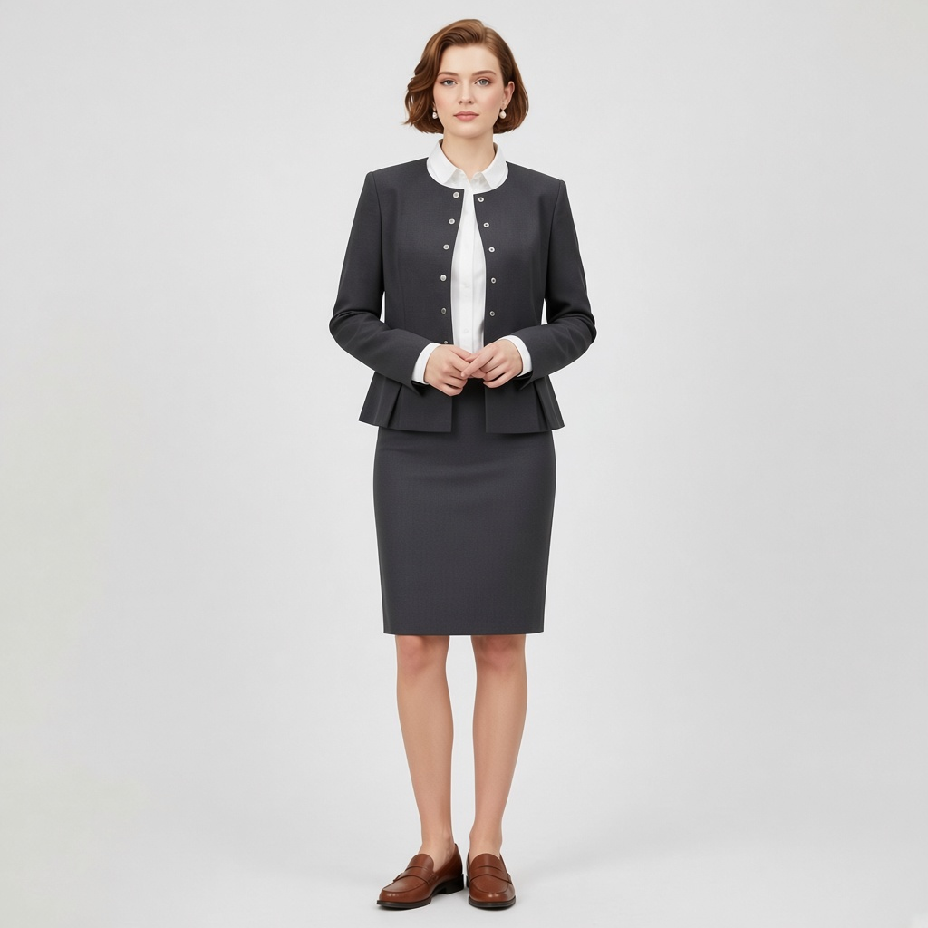 Lynn's Closet Boutique Calvin Klein charcoal gray collarless skirt suit with button-front jacket on a model.