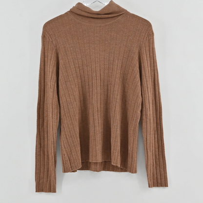 Lynn's Closet Boutique Tanya Taylor camel brown ribbed turtleneck sweater in size 1X hanging on a hanger