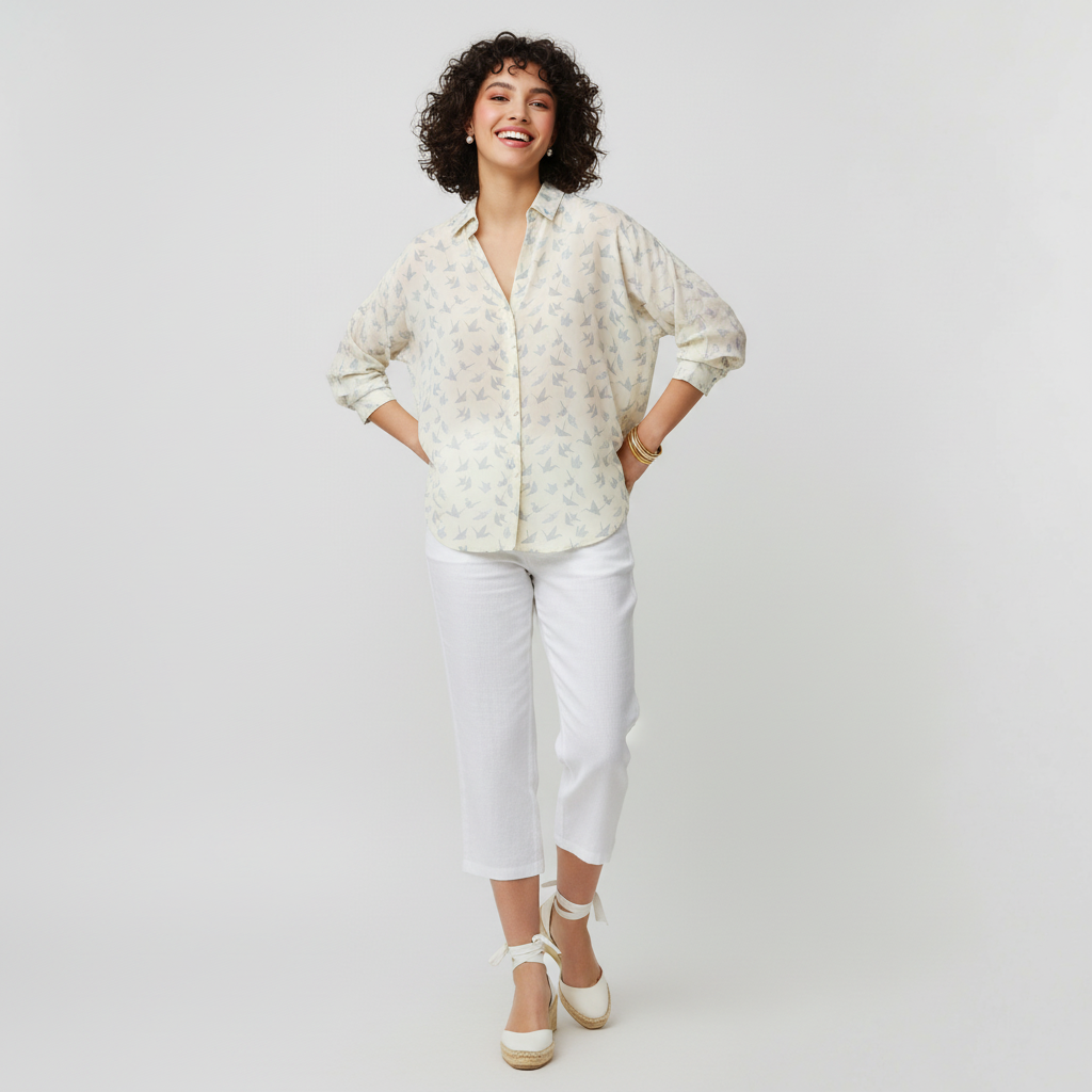 Model wearing Lynn's Closet Boutique Catherine Gee cream long-sleeve blouse with origami crane print and white pants