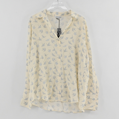 Lynn's Closet Boutique Catherine Gee cream long-sleeve blouse with a grey origami crane print and button-front design.