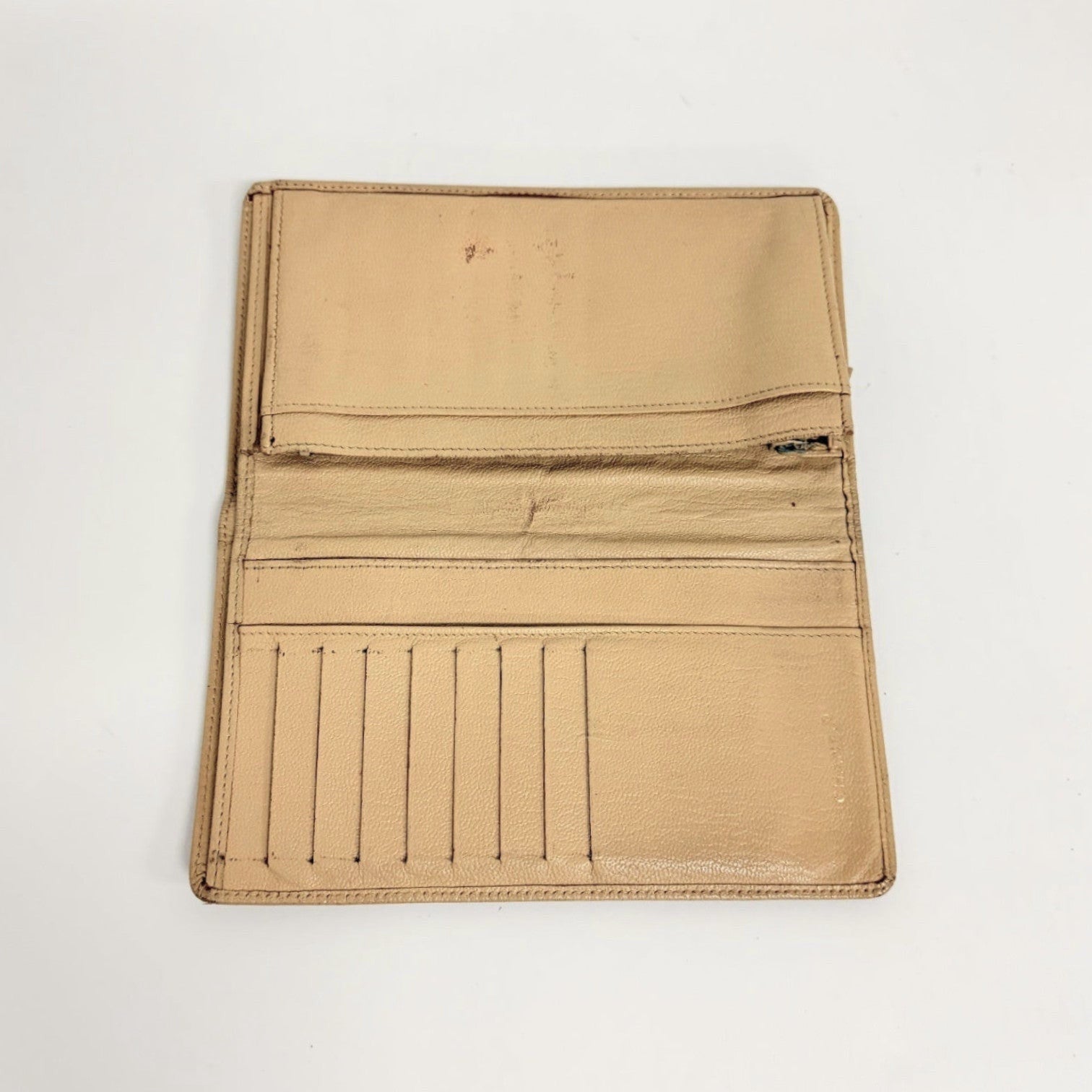Lynn's Closet Boutique pre-owned beige leather Chanel bi-fold wallet interior view with card slots and pockets