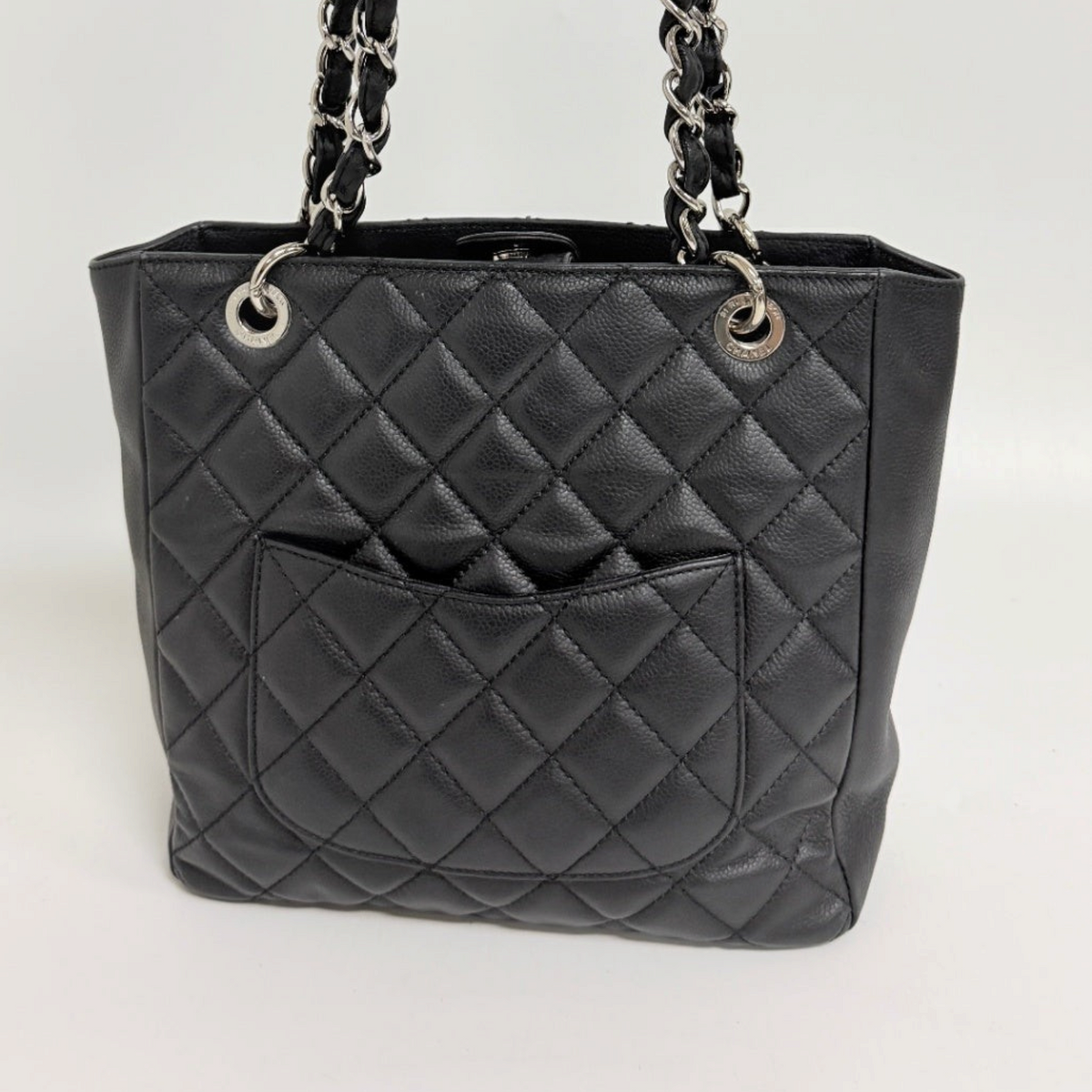 Lynn's Closet Boutique Chanel Petite Shopping Tote in black quilted caviar leather with silver-tone chain straps.