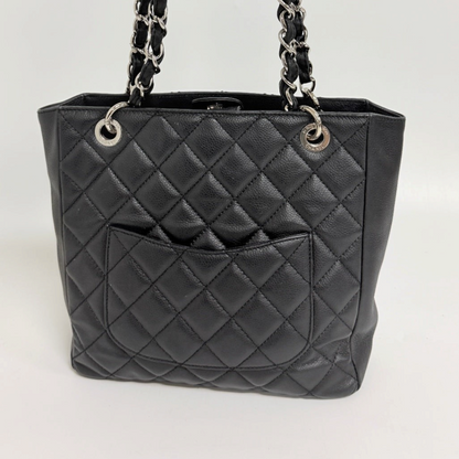 Lynn's Closet Boutique Chanel Petite Shopping Tote in black quilted caviar leather with silver-tone chain straps.