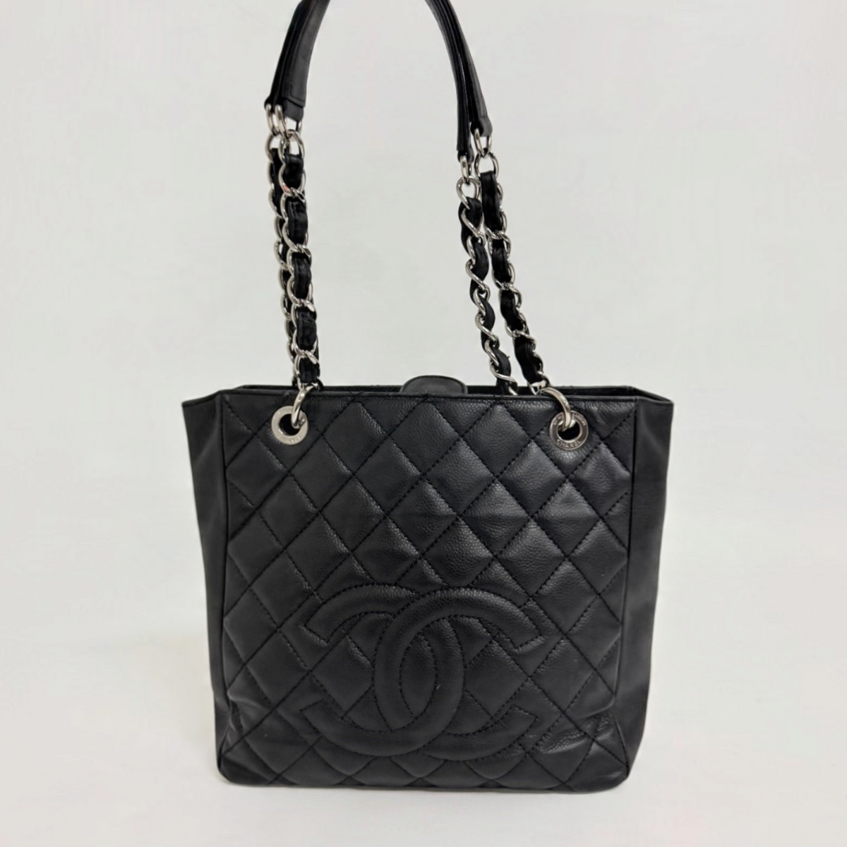Lynn's Closet Boutique Chanel Petite Shopping Tote in black quilted caviar leather with silver-tone chain straps.