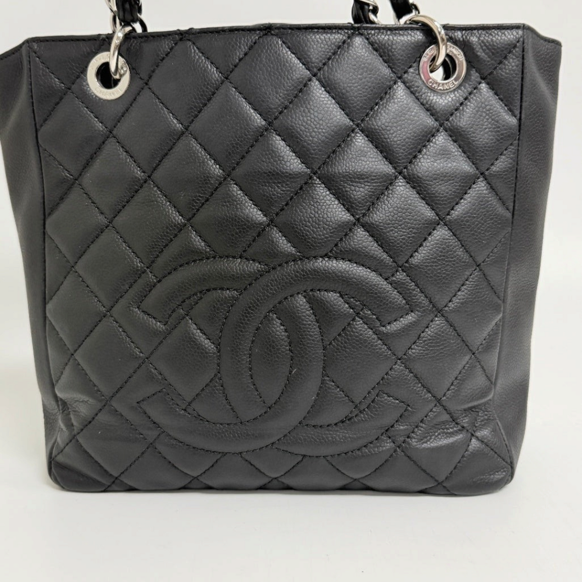 Lynn's Closet Boutique Chanel Petite Shopping Tote in black quilted caviar leather with silver-tone CC logo hardware