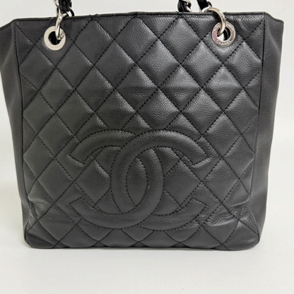 Lynn's Closet Boutique Chanel Petite Shopping Tote in black quilted caviar leather with silver-tone CC logo hardware