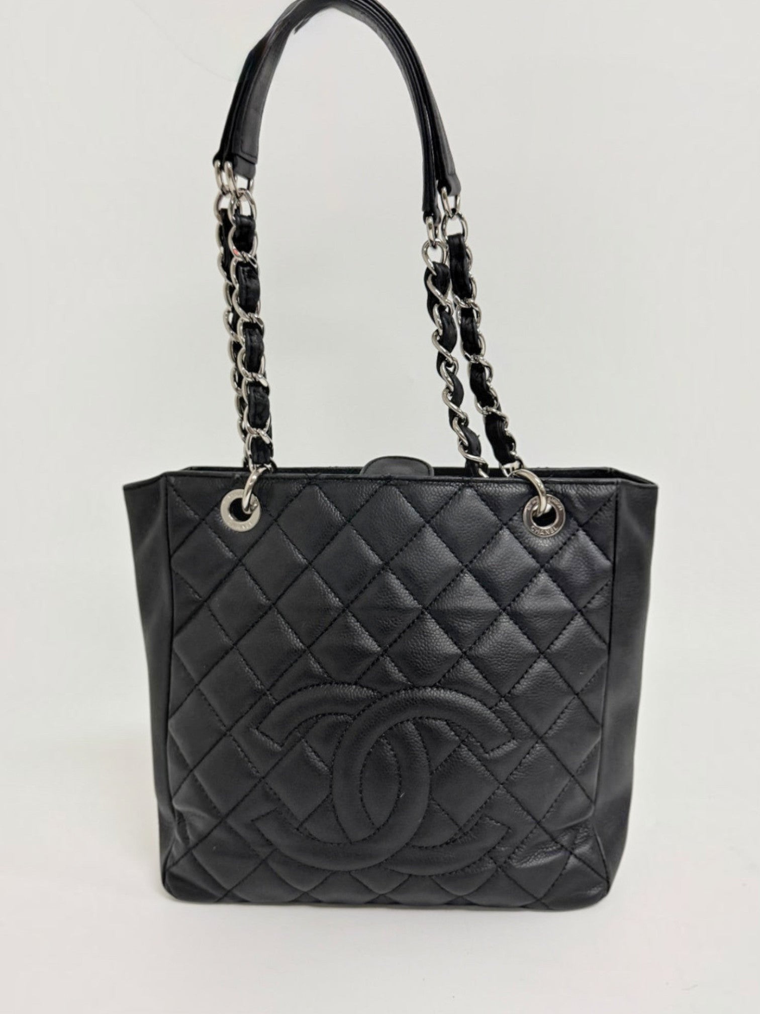 Lynn's Closet Boutique Chanel Petite Shopping Tote in black quilted caviar leather with silver chain shoulder straps.