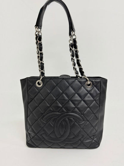 Lynn's Closet Boutique Chanel Petite Shopping Tote in black quilted caviar leather with silver chain shoulder straps.
