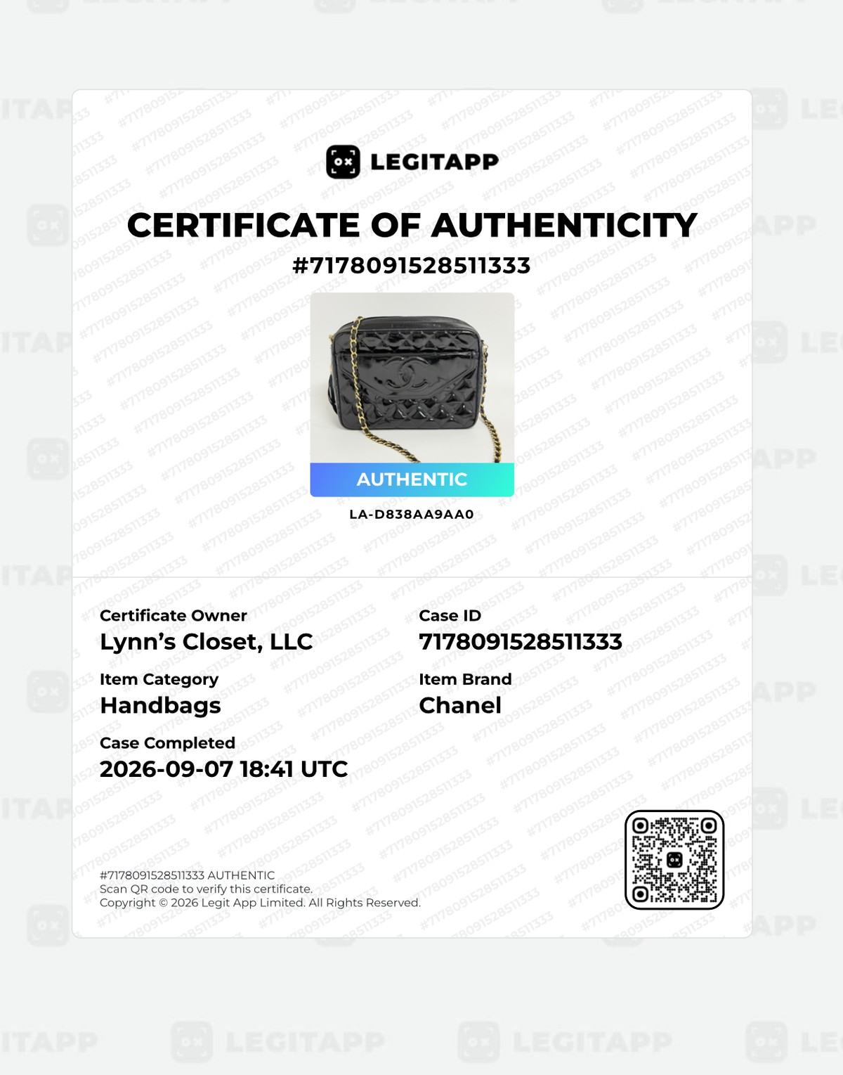 Lynn's Closet Boutique Chanel quilted black patent leather camera bag with gold CC logo and LegitApp certificate