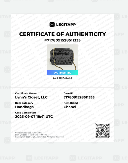 Lynn's Closet Boutique Chanel quilted black patent leather camera bag with gold CC logo and LegitApp certificate