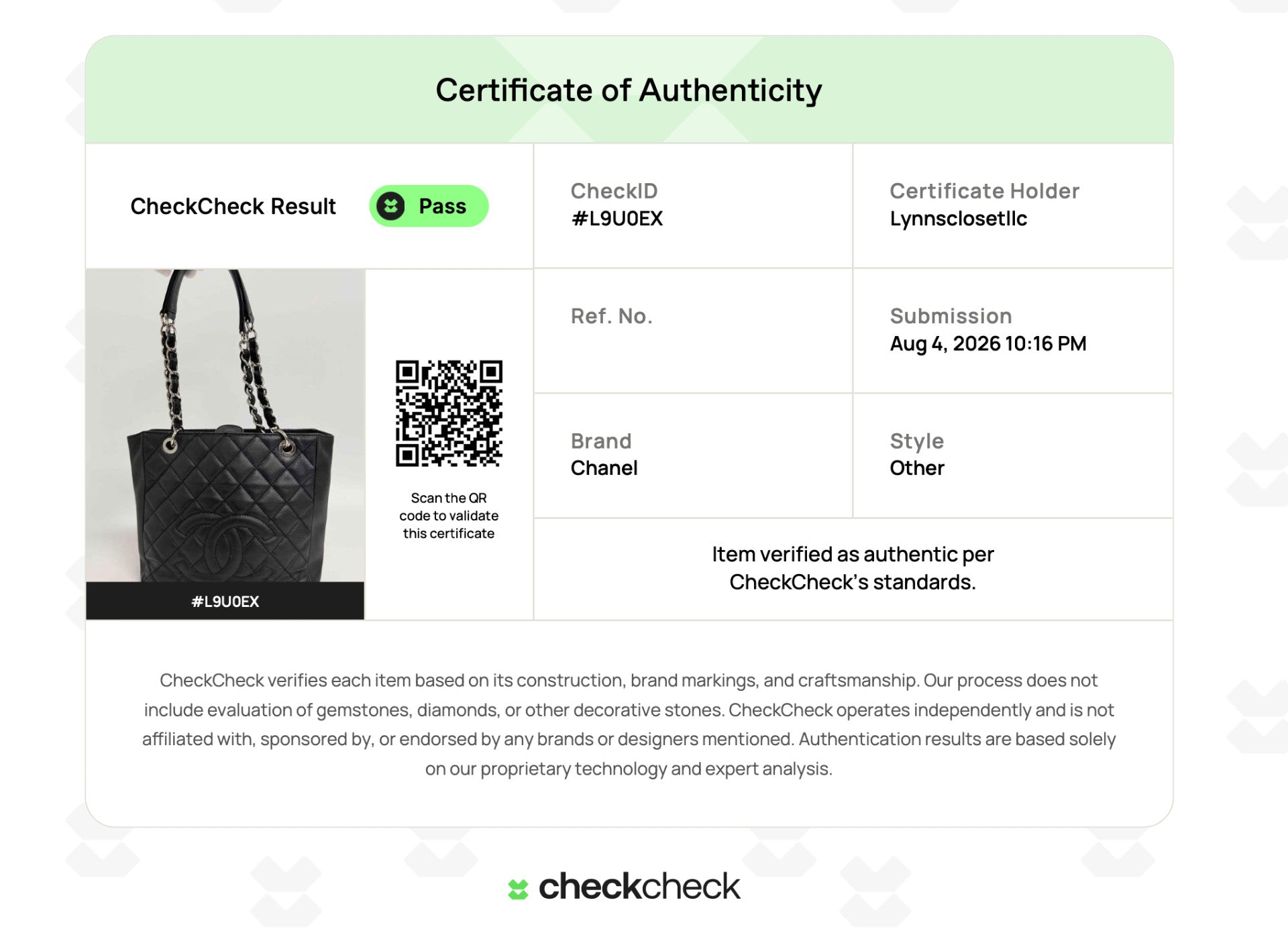Lynn's Closet Boutique certificate of authenticity for a black quilted Chanel Petite Shopping Tote in caviar leather