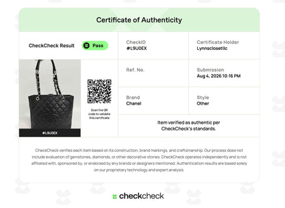 Lynn's Closet Boutique certificate of authenticity for a black quilted Chanel Petite Shopping Tote in caviar leather