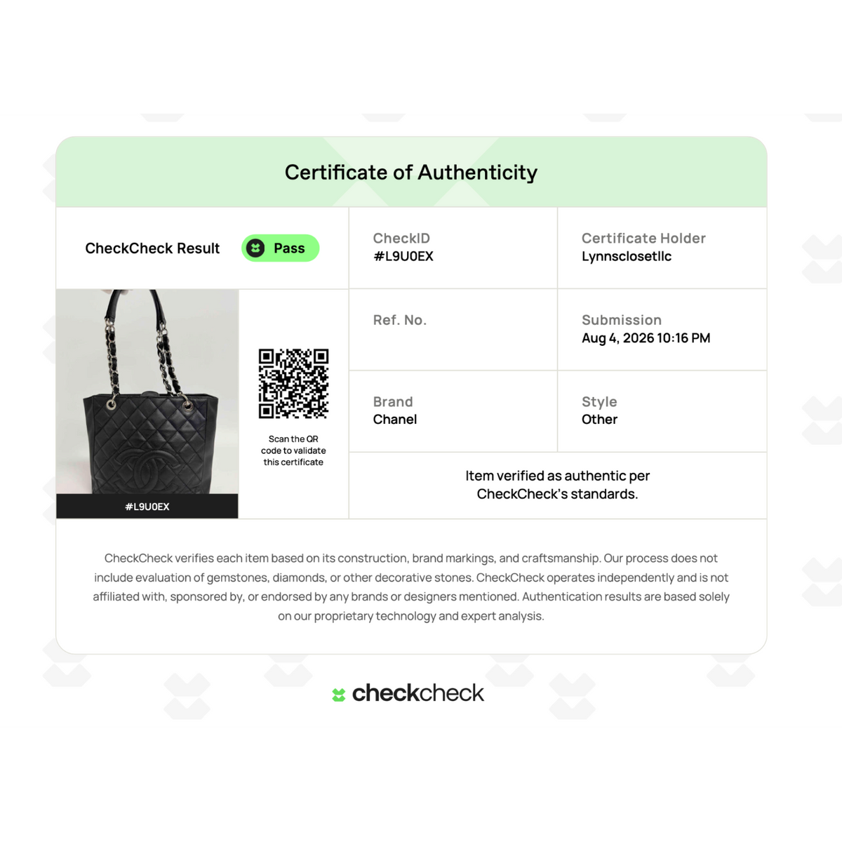 Lynn's Closet Boutique Chanel Petite Shopping Tote certificate of authenticity with product photo and QR code