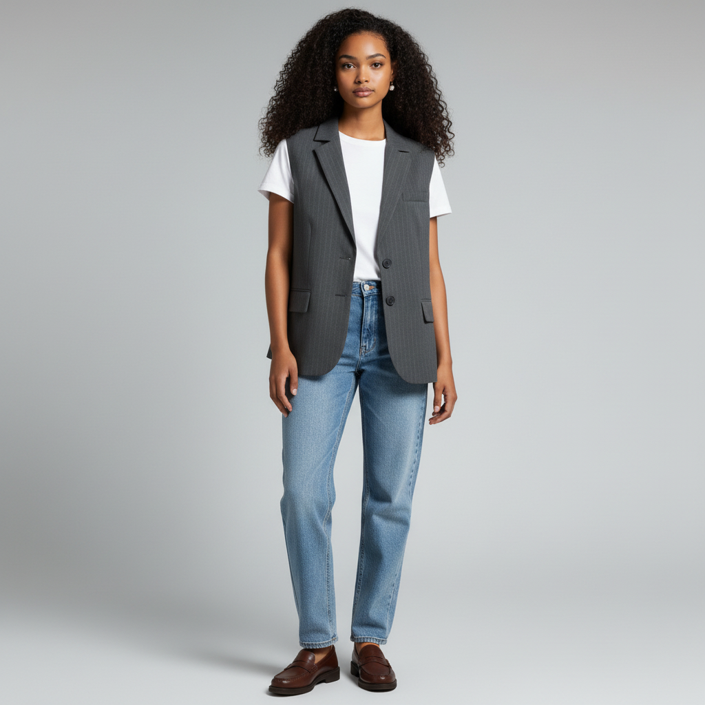 Model wearing a Lynn's Closet Boutique charcoal grey pinstripe vest over a white t-shirt and blue jeans