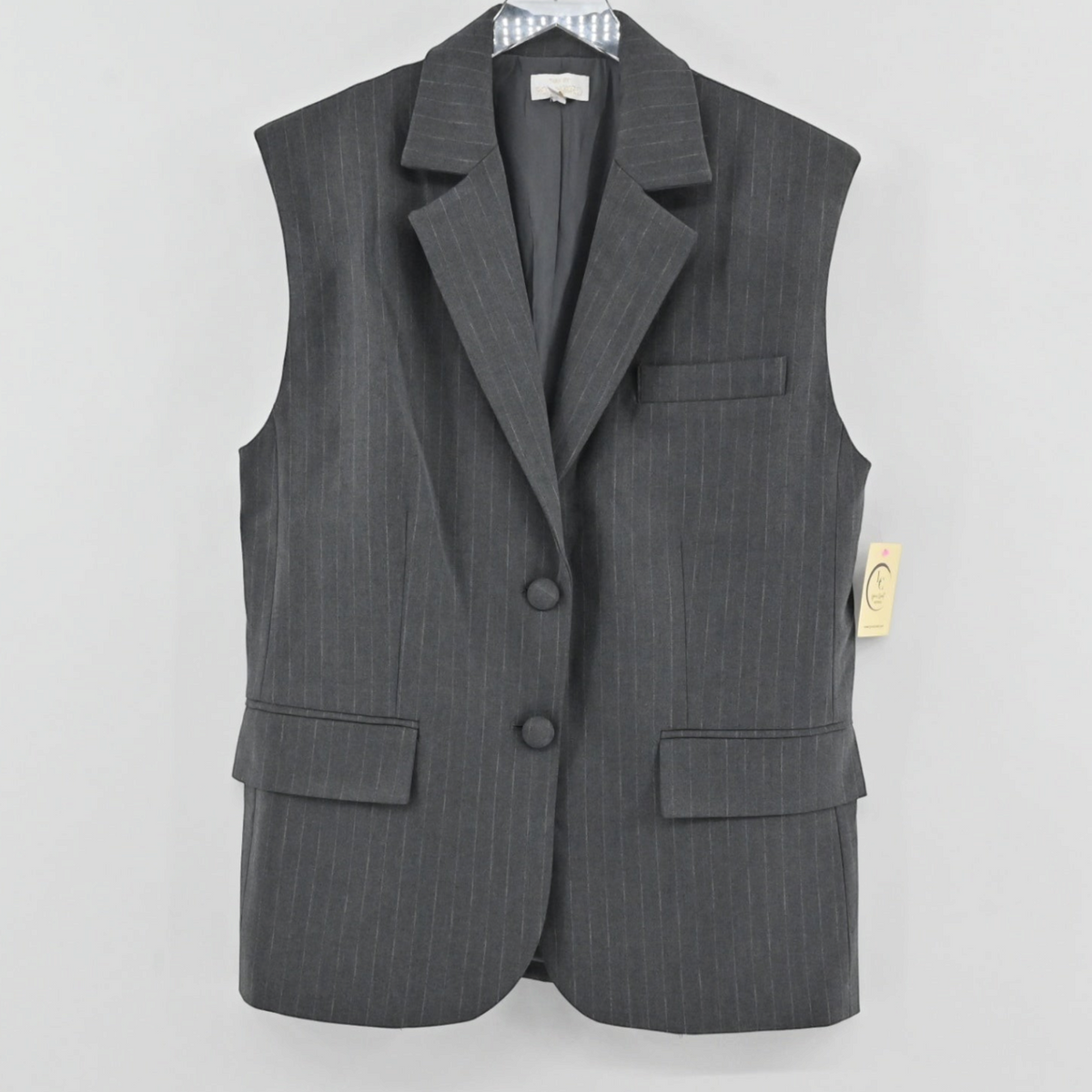 Lynn's Closet Boutique charcoal grey Ronny Kobo pinstripe vest with structured lapels and double-button closure.
